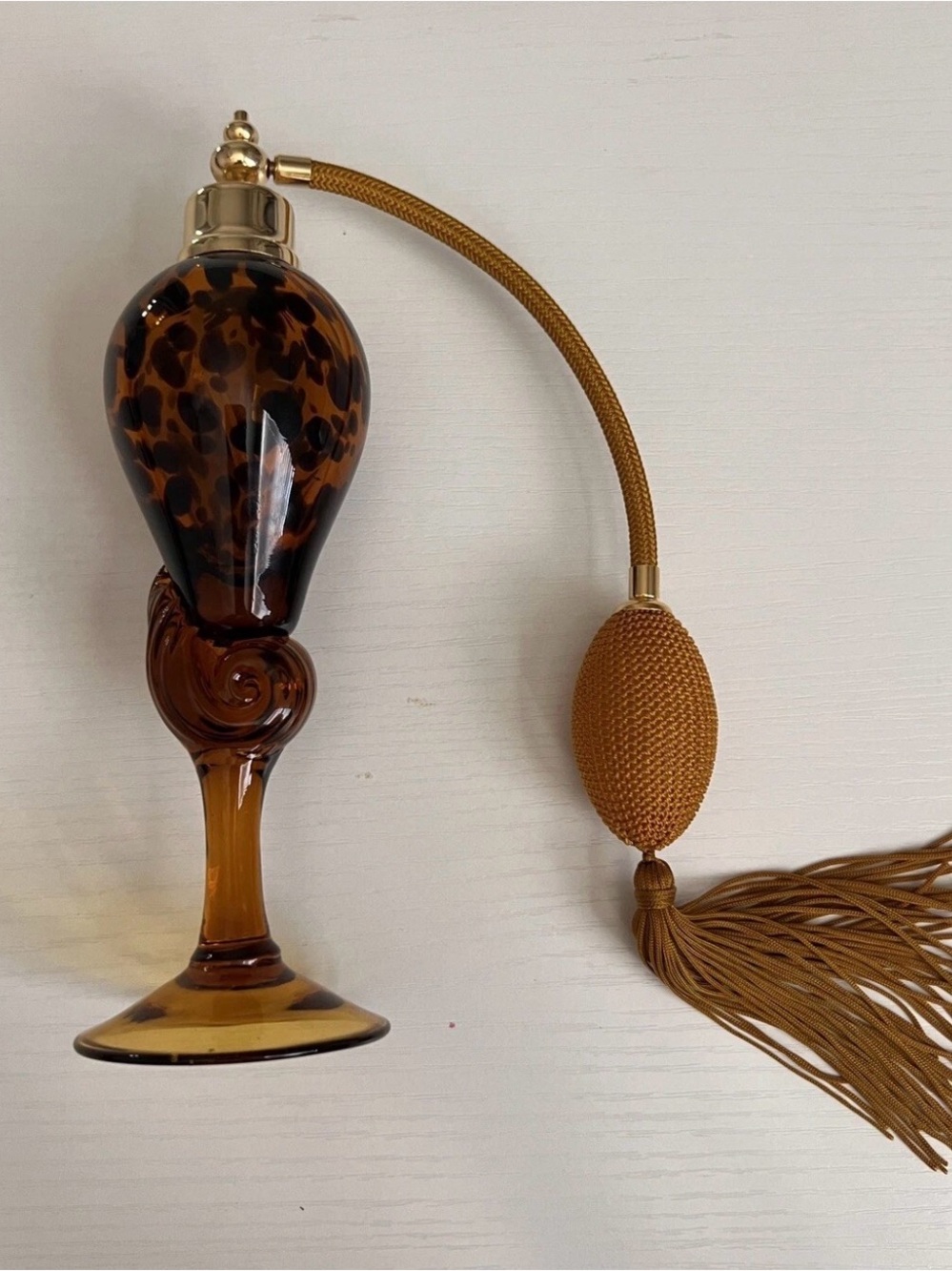 VTG Art Deco Handblown Pedestal Perfume Atomizer leopard print shell